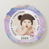 Moderne Holografische Baby Meisje Eerste Kerstfoto Rond Kussen (Achterkant)