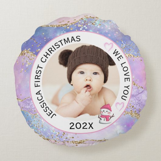 Moderne Holografische Baby Meisje Eerste Kerstfoto Rond Kussen (Achterkant)