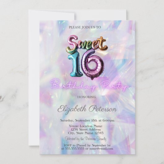 Moderne holografische ballon Sweet 16 Kaart (Voorkant)