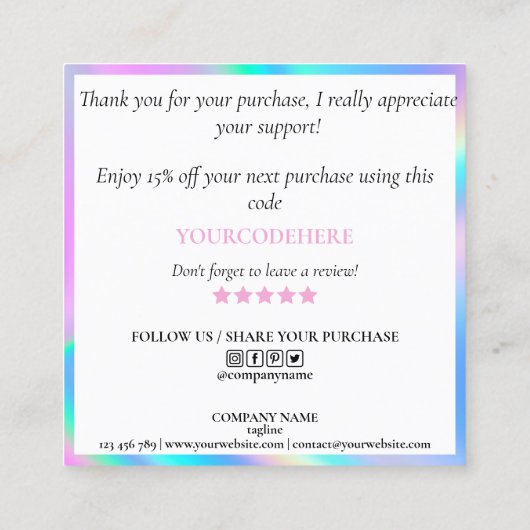 moderne holografische dank voor uw zakelijke squ vierkante visitekaartje (Achterkant)