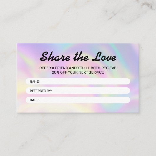 Moderne holografische delen de liefde haarstylist aanbevelingskaartje (Voorkant)