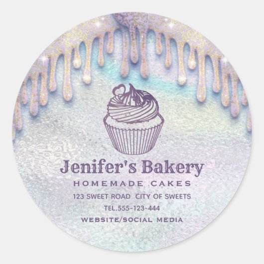 Moderne holografische druppels cupcake bakkerij ch ronde sticker (Voorkant)
