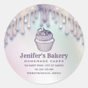 Moderne holografische druppels cupcake bakkerij ch ronde sticker