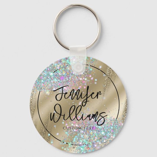 Moderne holografische Glitter Faux Folie Gold Busi Sleutelhanger (Voorkant)