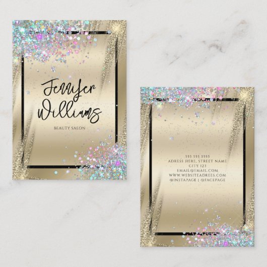 Moderne holografische Glitter Metallic Gold Beauty Visitekaartje (Voorkant / Achterkant)