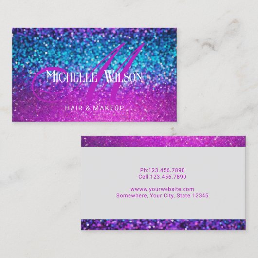 Moderne Holografische Glitter Monogram Script Salo Visitekaartje (Voorkant / Achterkant)