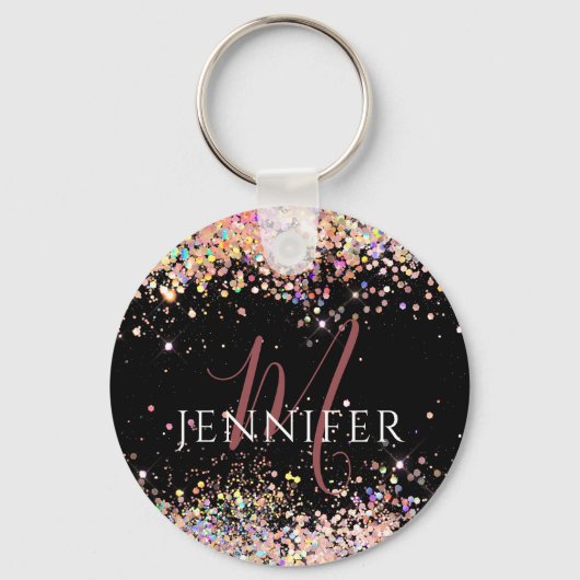 Moderne holografische Glitter Monogram zwarte Sleu Sleutelhanger (Voorkant)