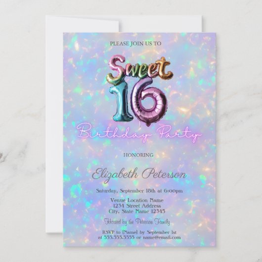 Moderne Holografische Iriserende Ballon Sweet 16 Kaart (Voorkant)