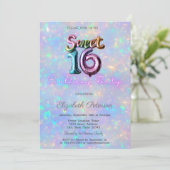 Moderne Holografische Iriserende Ballon Sweet 16 Kaart (Staand voorkant)