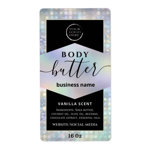 Moderne holografische logo script body boter l etiket (Voorkant)