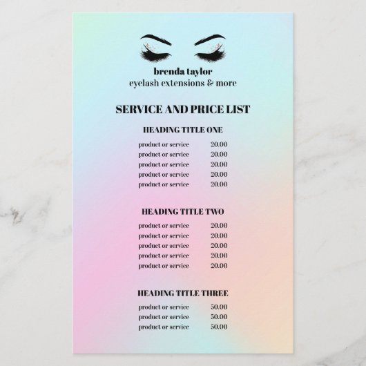Moderne Holografische OOGWIM SALON SERVICE LIJST Flyer (Voorkant)