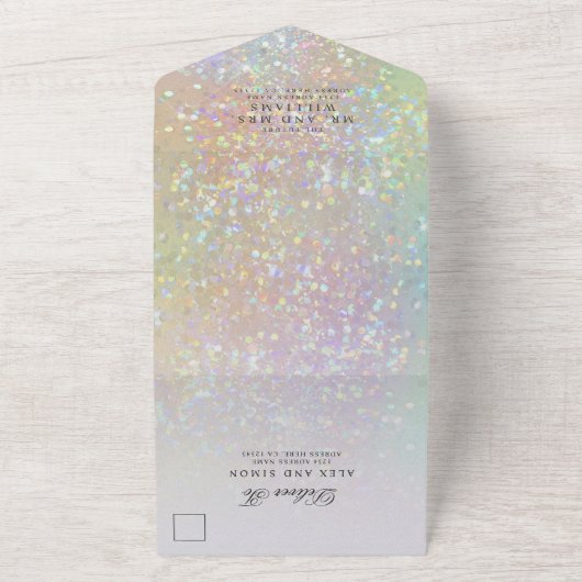 Moderne holografische pastel Glitter Wedding All In One Uitnodiging (Buitenkant)