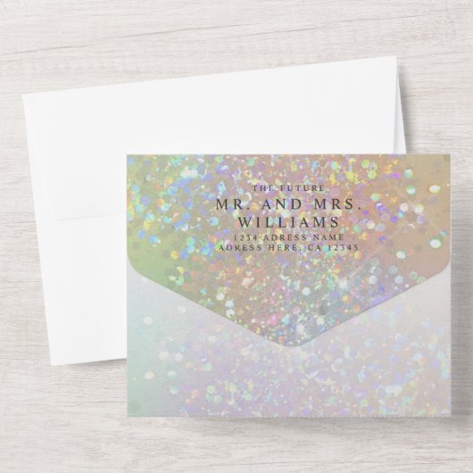 Moderne holografische pastel Glitter Wedding All In One Uitnodiging (Achterkant)