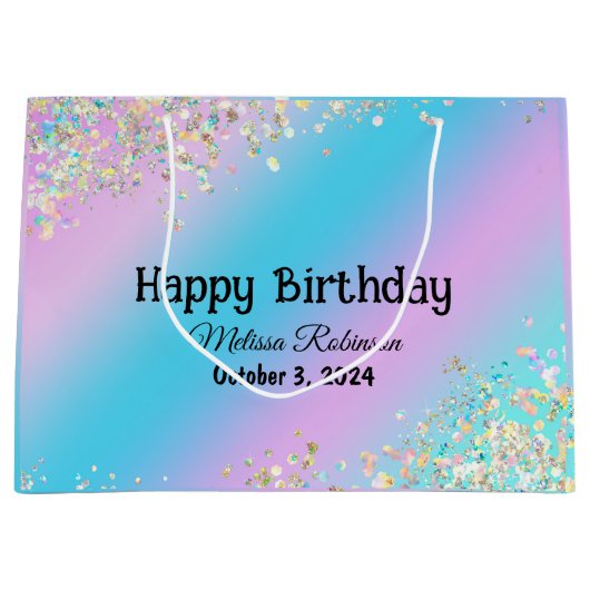 Moderne holografische pastelglitter groot cadeauzakje (Voorkant)