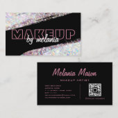 Moderne holografische roze glitter zwarte Qr-code Visitekaartje (Voorkant / Achterkant)