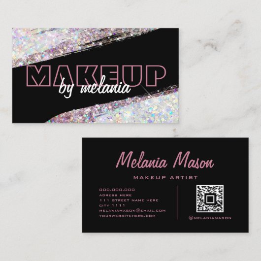 Moderne holografische roze glitter zwarte Qr-code Visitekaartje (Voorkant / Achterkant)