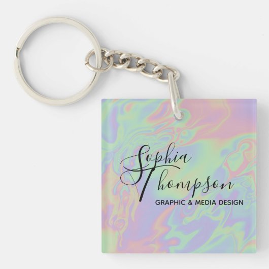 Moderne Holografische Script Rainbow Pastel Sleute Sleutelhanger (Voorkant)
