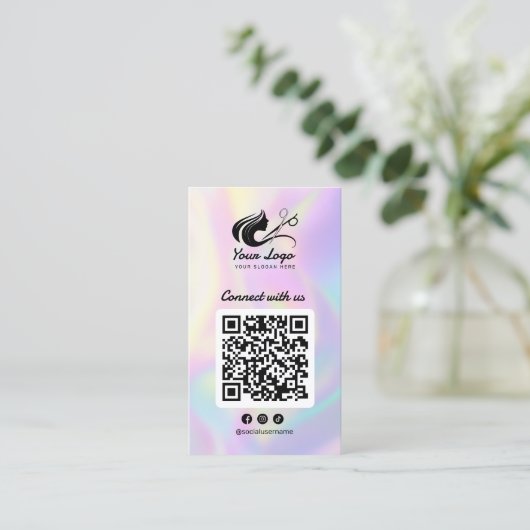 Moderne Holografische Sociale Media Haarsalon Logo Visitekaartje (Staand voorkant)
