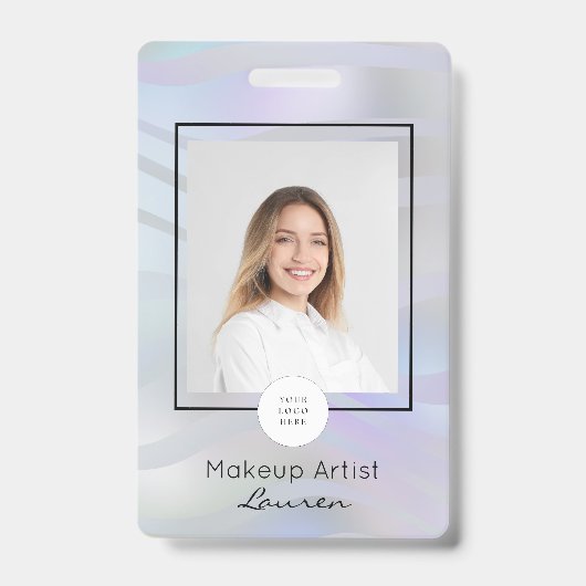 Moderne Holografische Zwarte Script Foto Make-up Badge (Voorzijde)