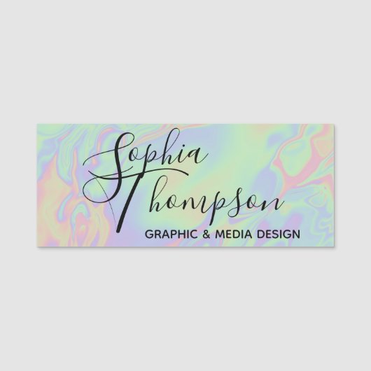 Moderne Holographic Effect Script Rainbow Pastel Naamplaatje (Voorkant)