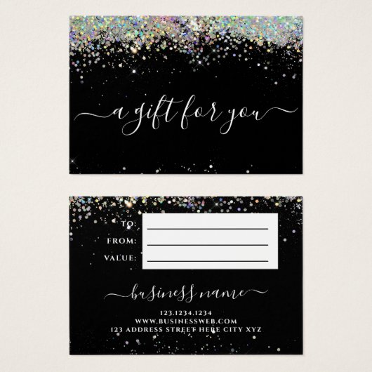 Moderne holographic Glitter Black Cadeaubonnen Visitekaartje (Voorkant /achterkant)