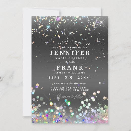 Moderne Holographic Sparkly Glitter Black Wedding Kaart (Voorkant)