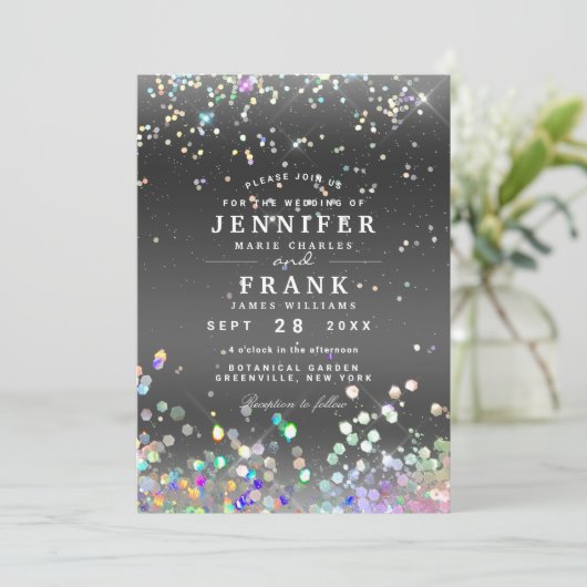Moderne Holographic Sparkly Glitter Black Wedding Kaart (Staand voorkant)