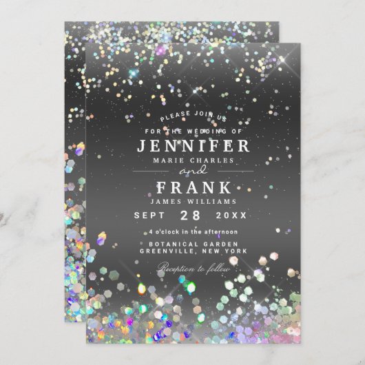 Moderne Holographic Sparkly Glitter Black Wedding Kaart (Voorkant / Achterkant)