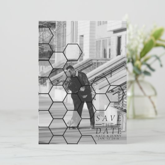Moderne Honeycomb sparen de datum | Foto Save The Date (Staand voorkant)