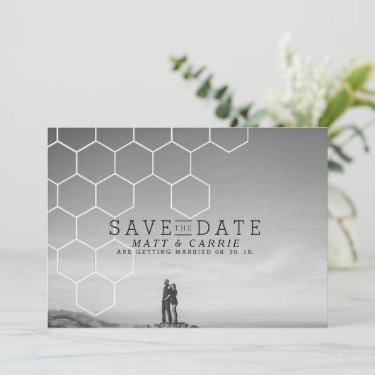 Moderne Honeycomb sparen de datum | Foto Save The Date (Staand voorkant)