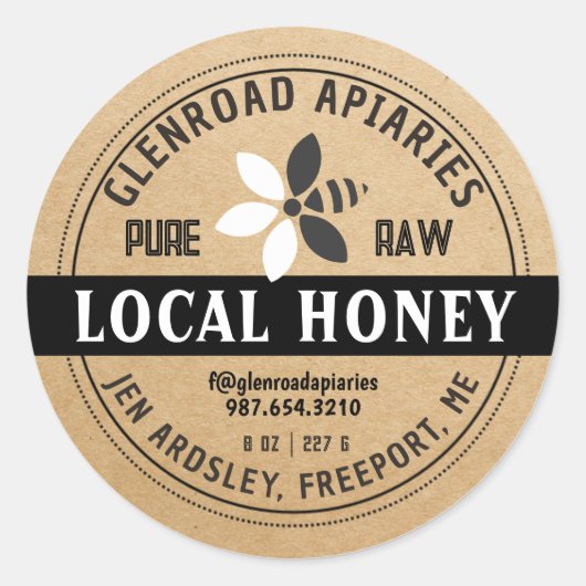 Moderne honing gestileerde bloem bij kraft zwart ronde sticker (Voorkant)