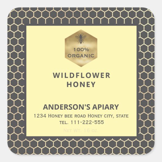 Moderne honingraat honingbij honingbij honing pot vierkante sticker (Voorkant)