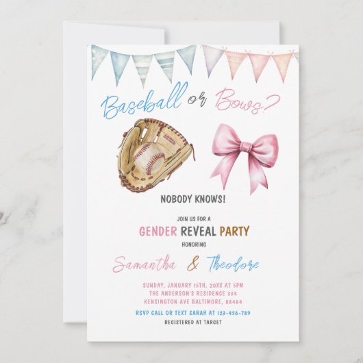 Moderne honkbal of bogen gender reveal party kaart (Voorkant)