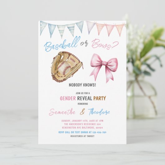 Moderne honkbal of bogen gender reveal party kaart (Staand voorkant)