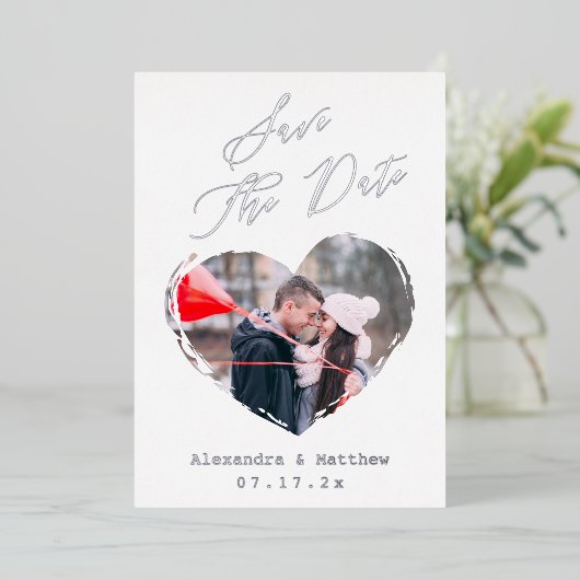 Moderne hoofdfoto van het liefdeshart opslaan Datu Folie Uitnodiging (Staand Voorkant)
