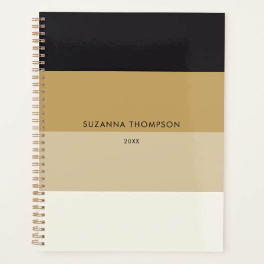 Moderne horizontale strepe zwarte en goudkleurento planner (Voorkant)