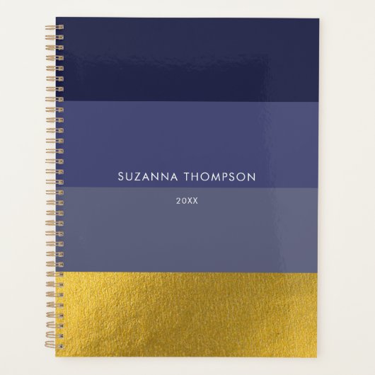 Moderne horizontale stripe Navy Blue & Gold Foil Planner (Voorkant)