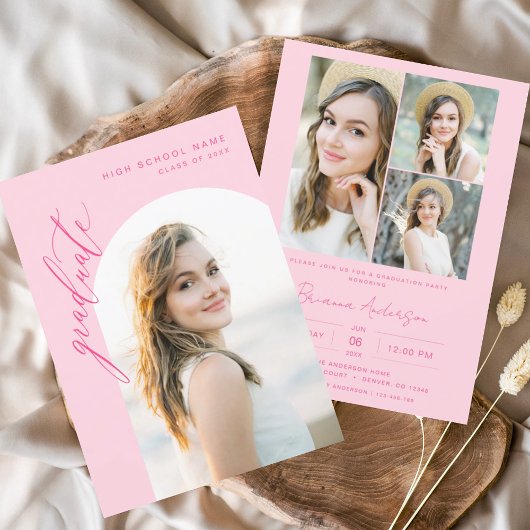 Moderne Hot Pink Arch Foto Afstudeerfeest Kaart