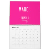 Moderne Hot Pink familienaam Kalender (Mar 2027)