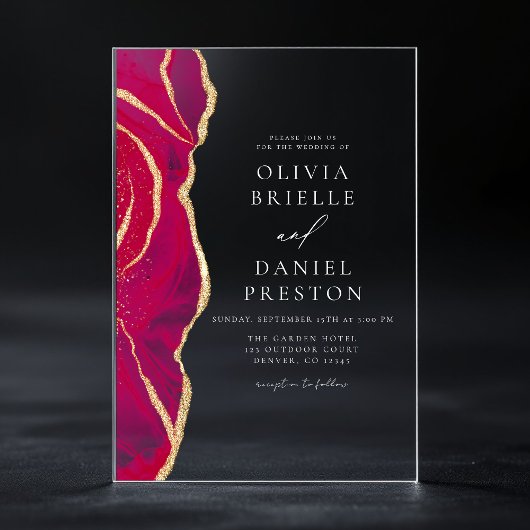 Moderne Hot Pink Gold Agaat Elegante Huwelijk Acryl Uitnodigingen