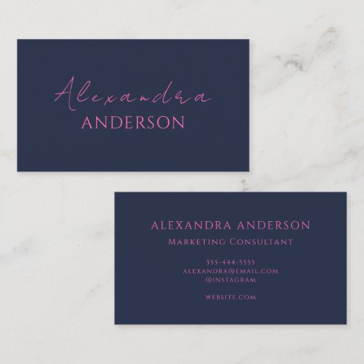 Moderne Hot Pink Navy Blue Minimalistische Typogra Visitekaartje (Voorkant / Achterkant)