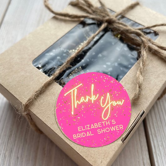 Moderne Hot Pink Neon Glow Glitter Dank u Script Ronde Sticker