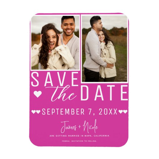 Moderne Hot Pink Save the Date 2 Foto Bruiloft Magneet (Verticaal)