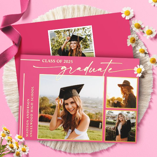 Moderne Hot Pink Script Geslaagd Foto Afstuderen Folie Uitnodiging