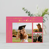 Moderne Hot Pink Script Geslaagd Foto Afstuderen Folie Uitnodiging (Staand Voorkant)