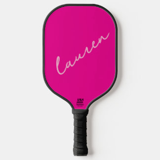Moderne Hot Pink Script Naam Pickleball Paddle