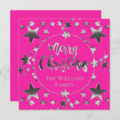 Moderne Hot Pink Silver Script Star Merry Kerstry (Voorkant / Achterkant)