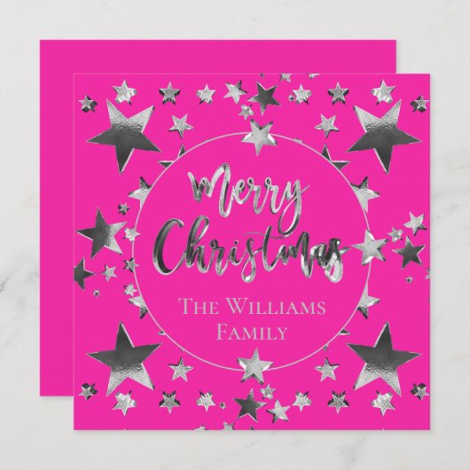 Moderne Hot Pink Silver Script Star Merry Kerstry (Voorkant / Achterkant)