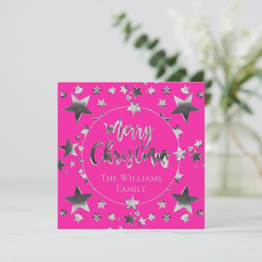 Moderne Hot Pink Silver Script Star Merry Kerstry (Staand voorkant)