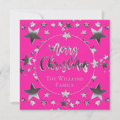 Moderne Hot Pink Silver Script Star Merry Kerstry (Voorkant)